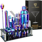 Mixology Bartender Kit – 24 Piece Rainbow Cocktail Shaker Set w/Stand – Essential Home Bar Accessories Martini Shaker, Jigger, Muddler, Chilling Cubes & More