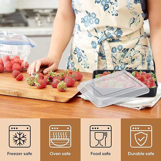 E-far Baking Pan with Lid, 9.4 x 7.3 x 2 Inch Nonstick Rectangle Stainless Steel Cake Pan Sheet for Toaster Oven, Small Black Bakeware for Cakes Brownies Casseroles, Non-toxic & Healthy, Set of 2