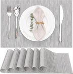 Myir JUN Placemats Set of 6, Vinyl Woven Placemats Place Mats Indoor Washable Table Mats Non-Slip Place mats for Dining Table (Silver, Set of 6)