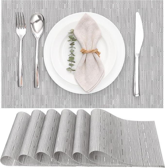 Myir JUN Placemats Set of 6, Vinyl Woven Placemats Place Mats Indoor Washable Table Mats Non-Slip Place mats for Dining Table (Silver, Set of 6)