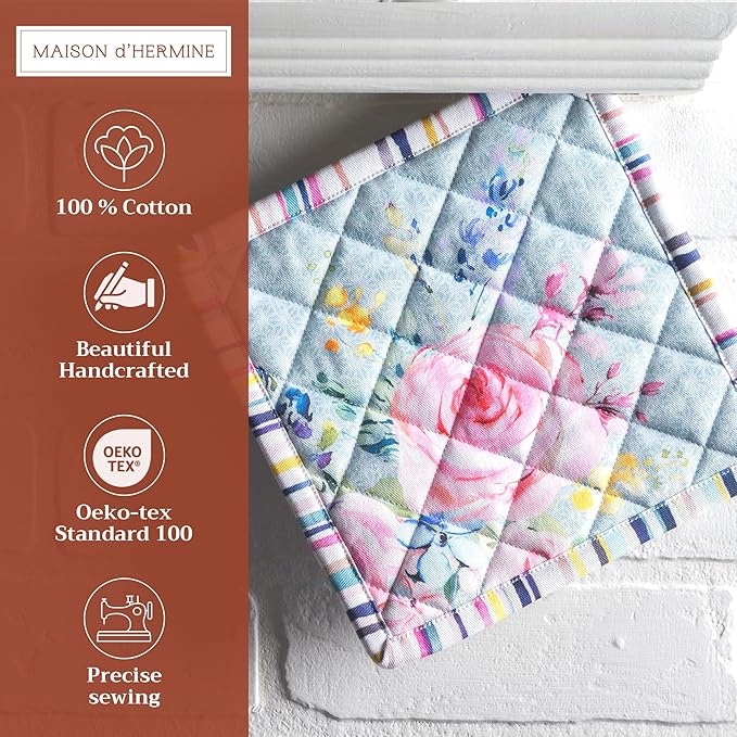 Maison d' Hermine Pot Holders Set 100% Cotton Heat Resistant Potholders 8" x 8" Hot Pads with Loop Cooking, Grilling, Kitchen, Handling Hot Pans Spring/Summer (Pack of 2, Sweet Rose Lavender - Lush)