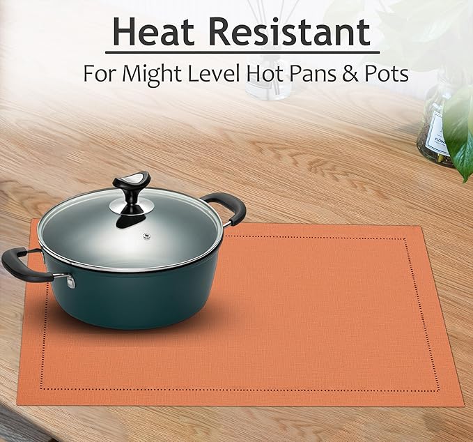 Ruvanti Linen Placemats Set of 6-13x19 Inch, Classic Hemstitch, Heat ‎Resistant Machine Washable Place Mats, Soft & Elegant- Perfect for Christmas, ‎Thanksgiving, Easter, Weddings, Dinner - Orange