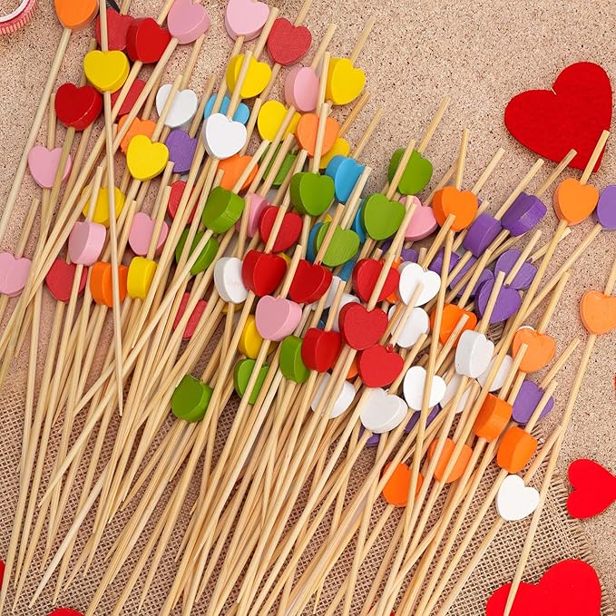 Minisland Yellow Love Heart Cocktail Picks, 4.7 Inch Long Bamboo Fancy Toothpicks for Appetizers, Decorative Mardi Gras Wedding Party Food Drinks Garnish Fruit Kabob Skewer Sticks 100 Counts -MSL441