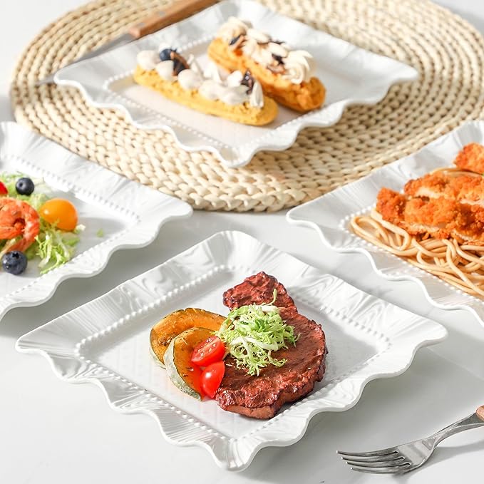 Neaylfe 8-Piece Ceramic Salad Plates, 8 inch White Square Dinner Plates for Snack & Restaurant, Embossed Modern Dinnerware Dishes Set for Kitchen, Microwave, Dishwasher Safe