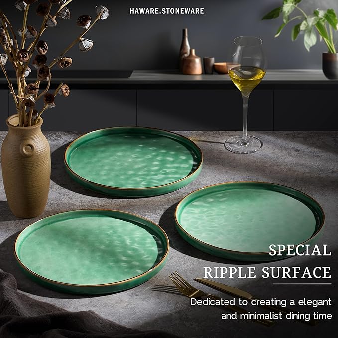 HaWare Stoneware Dinner Plates Set of 6, 10" Heavy Duty Ceramic Plate, Reactive Glaze Ripple Dinnerware for Home Restaurant, Chip and Scratch Resistant, Microwave and Dishwasher Safe, Reactive Green