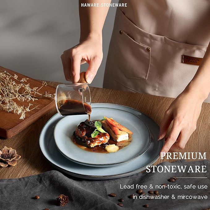 HaWare Stoneware Salad Plates Set of 6, 7.9” Heavy Duty Ceramic Plates, Reactive Glaze Dinnerware for Home Restaurant, Chip and Scratch Resistant, Microwave and Dishwasher Safe, Reactive Foggy Blue