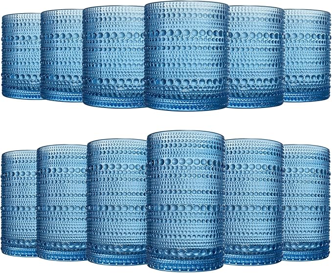 Hobnail Beaded Highball Drinking Tumbler Glasses | Set of 12 | Color, Vintage Bubble Design Whiskey Glassware, Old-Fashioned, Embossed Design for Water, Wine, Cocktail Embossed Heavy Glas, Rocks Glass