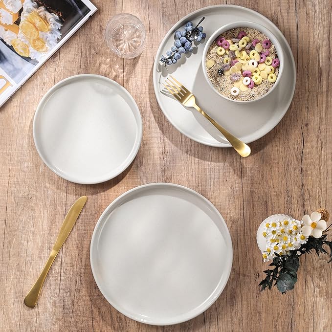 HaWare Stoneware Dinnerware Sets, 12-Piece Plates and Bowls Set for 4, Dishes Set for Home Restaurant, Speckled Milky White