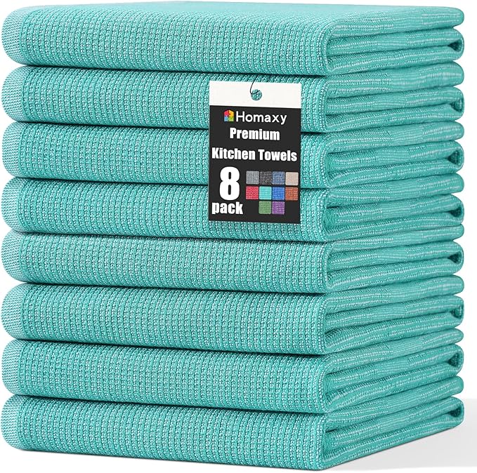 Homaxy Premium Kitchen Towels(18”x 28”, 8 Pack), Large Cotton Kitchen Hand Towels, Flat and Terry Dish Towels, 380 GSM Highly Absorbent Tea Towel Set with Hanging Loop, Teal