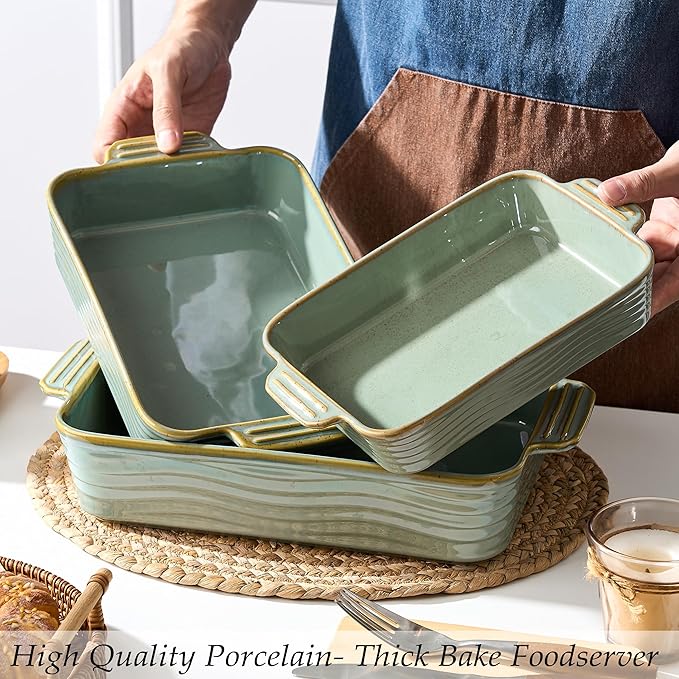 Ceramic Baking Dish Set of 3, Casserole Dishes for Oven, Square Porcelain Bakeware Set with Handles, Lasagna Baking Pan for Cooking, Perfect for Baking and Serving, Housewarming, Halloween, Thanksgiving, Christmas, New Year- Green
