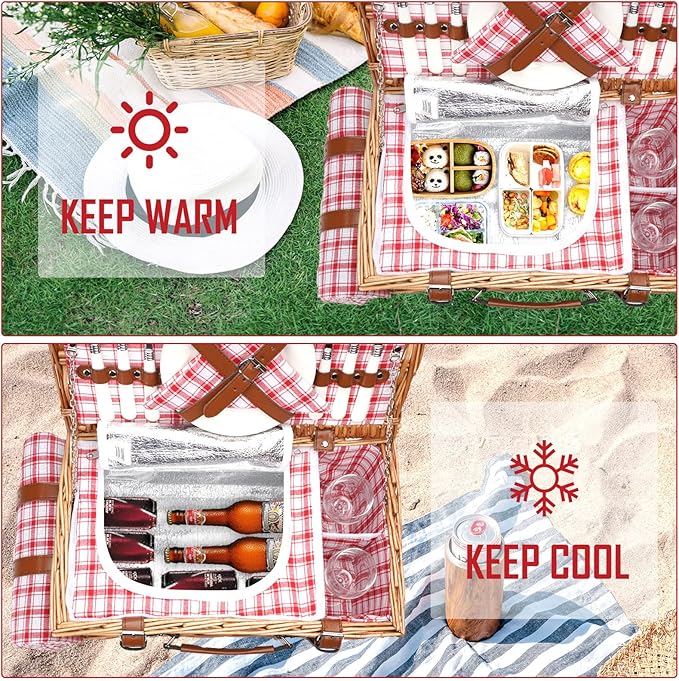 Wicker Picnic Basket Set for 2 Persons with Waterproof Picnic Blanket and Large Insulated Cooler Compartment, Willow Picnic Hamper Basket with Cutlery Service Kits for Camping, Wedding (Red)