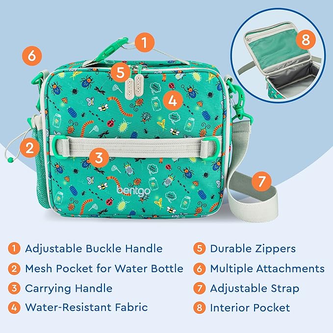 Bentgo Kids Lunch Bag - Durable, Double-Insulated Lunch Bag for Kids 3+; Holds Lunch Box, Water Bottle, & Snacks; Easy-Clean Water-Resistant Fabric & Multiple Zippered Pockets (Bug Buddies)