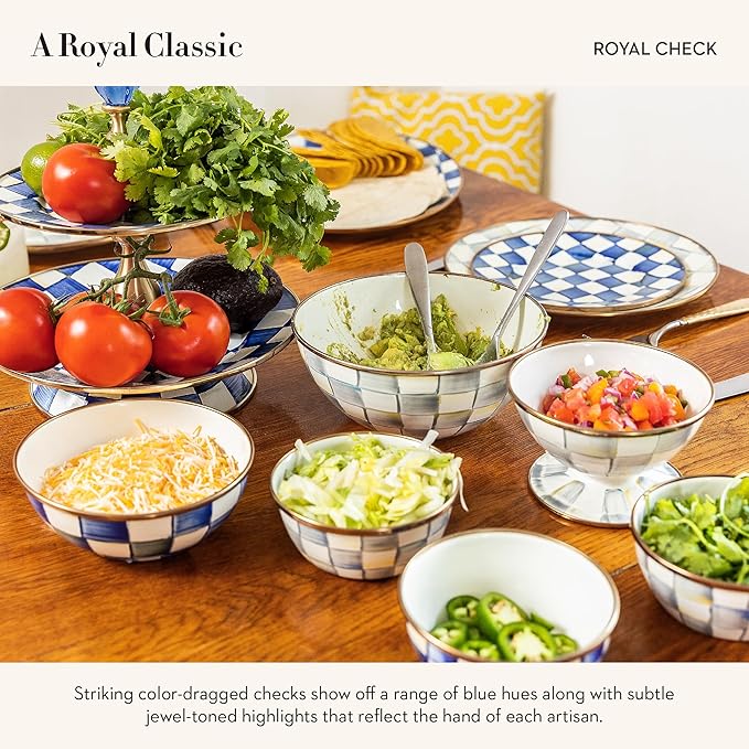 MACKENZIE-CHILDS Enamel Everyday Bowl, Serving Bowl for Entertaining, Small, Pink-and-White Rosy Check, Set of 1