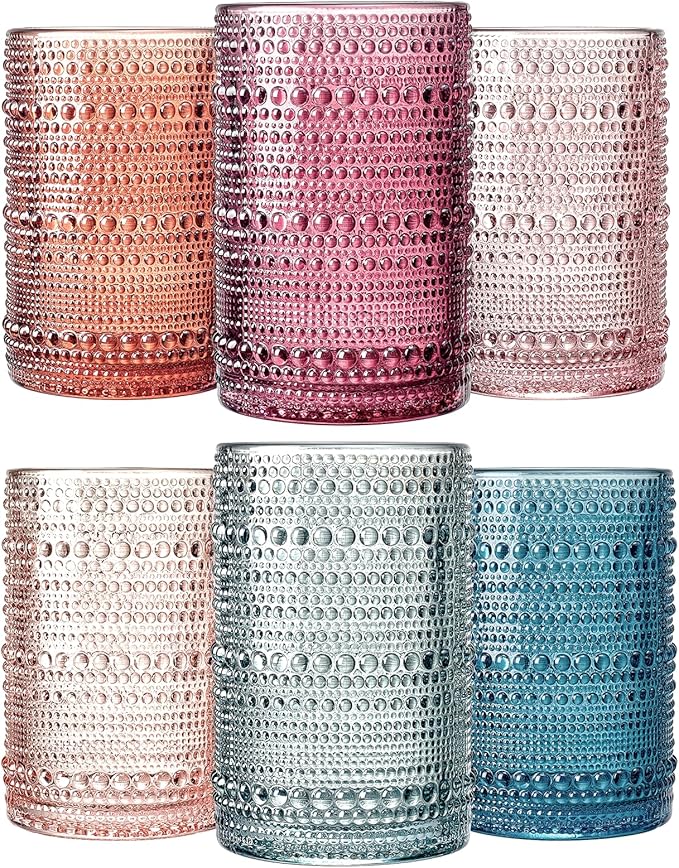 Khen Beaded Highball Drinking Tumbler Set | Set of 6 | Fall & Holiday Decor Vintage Hobnail 12 OZ Muted Bubble Design Whiskey Glassware, Old-Fashioned, Embossed Design Glass for Water Wine, Cocktail