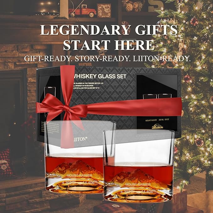 LIITON Mount Rainier Heavy Crystal Whiskey Glasses Gift Set of 2, Thick Freezable Bourbon Glass 1lb Each, Premium Whiskey Gifts for Men, Frozen Crystal Chills Cocktails, 10 oz