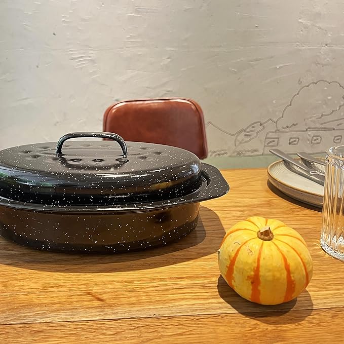 13” Enamel Roaster With Lid Oval Roasting Pan For Oven with 11"Inner Diameter Broiler Pan Suitable For Dining With Two People High Temperature Resistance Dishwasher Safety Gift Idea for Christmas