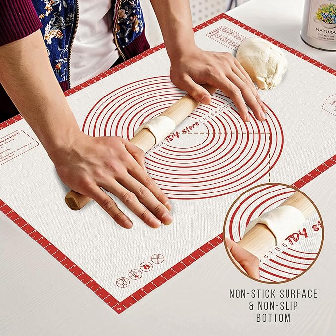 26 * 16 inches Red, Non-Slip Silicone Baking Sheets - Baking Mat with 0.7mm Thickness - Non-Stick Pastry & Cookie Mat for Kitchen Counter for Rolling Out Dough with Measurements.