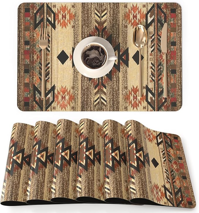 QIYI Placemats Set of 6, 12x18 Inch PU Leather Place Mats for Kitchen Dinning, Heat Resistant Anti Slip Brown Table Mats, Waterproof Wipeable Washable Placemat Party Table Décor, Geometric Motifs