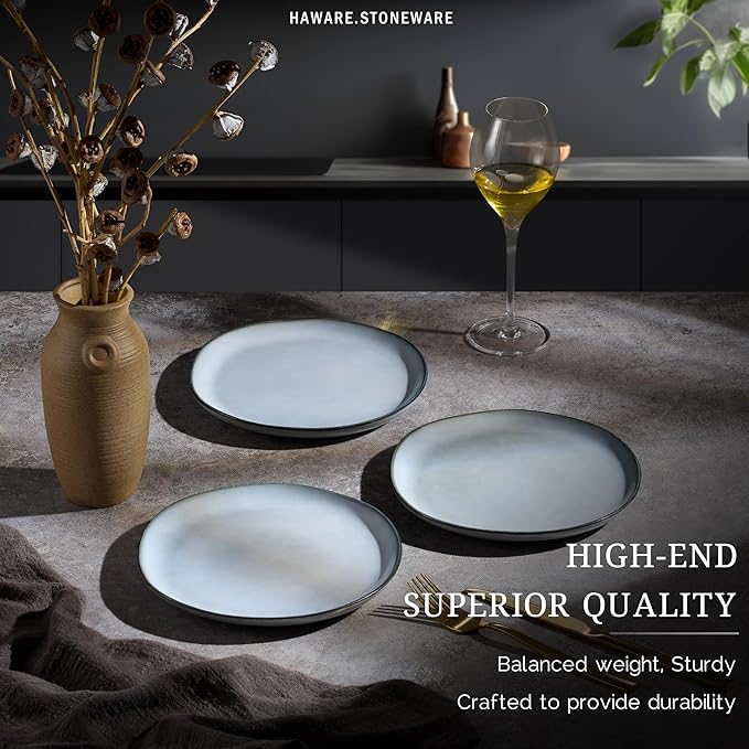 HaWare Stoneware Salad Plates Set of 6, 7.9” Heavy Duty Ceramic Plates, Reactive Glaze Dinnerware for Home Restaurant, Chip and Scratch Resistant, Microwave and Dishwasher Safe, Reactive Foggy Blue