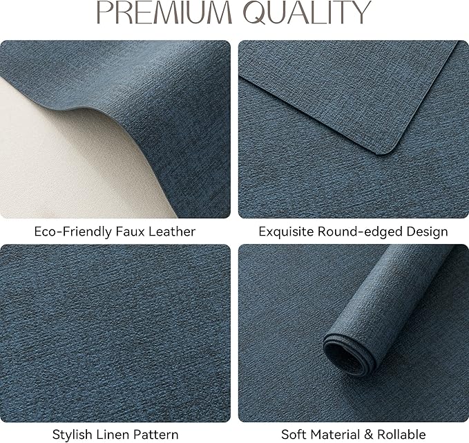 Romanstile Vinyl Placemats Set of 6-12 X 18 Inch - Heat Resistant Place Mats 100% Waterproof Oilproof Wipeable Reversible Faux Leather Table Mats for Kitchen/Dining/Party/Outdoor, Navy Blue