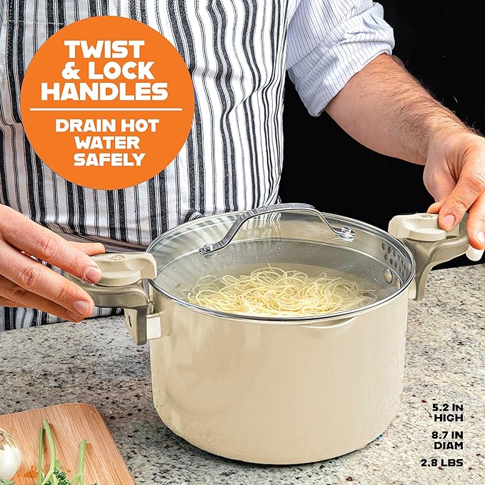 GOTHAM STEEL 5 Qt Ceramic Stock Pot Multipurpose Pasta Pot with Strainer Lid & Twist and Lock Handles, Nonstick Ceramic Pot for Soup, Spaghetti, Rice, Pots for Kitchen, Dishwasher Safe - Cream