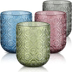 Joeyan Small Drinking Glasses,Vintage Embossed Floral Water Glass Tumbler Cups,Colored Beverages Cocktail Juice Wine Glassware,Multicolor,9 oz,Set of 4,Dishwasher Safe