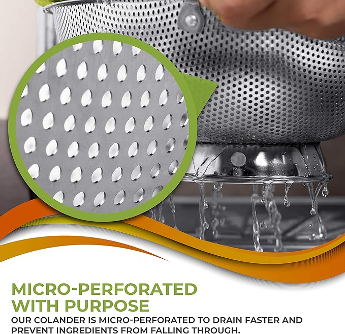 Stainless Steel Micro-Perforated 5-Quart Colander - Professional Strainer with Heavy Duty Handles and Self-draining Solid Ring Base - Dishwasher Safe