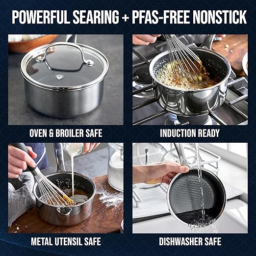Blue Diamond Hybrid Nonstick Stainless Steel 1.57QT Saucepan with Glass Lid, PFAS-Free Ceramic Diamond Bond Pot, Dishwasher Safe, Stay-Cool Handle, Induction Ready, Compatible with All Cooktops