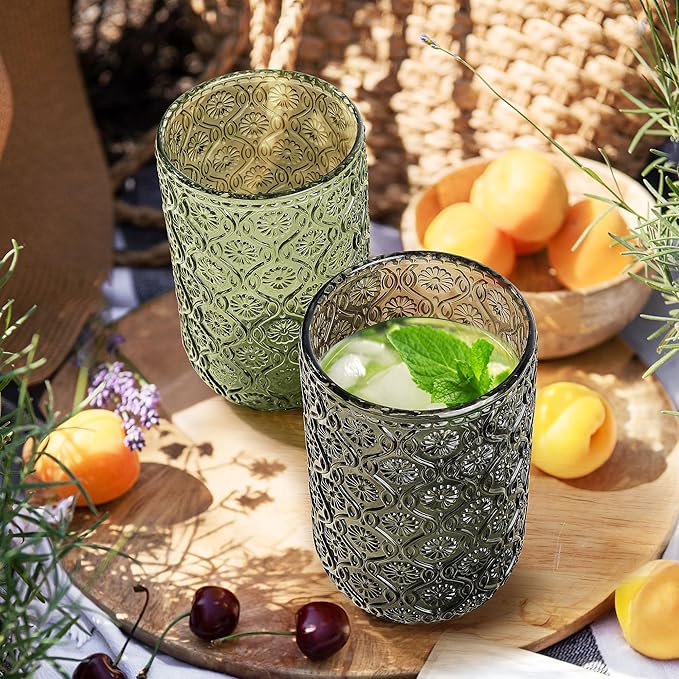 Joeyan Vintage Green Drinking Glasses,Embossed Floral Highball Glass Water Tumbler,14 oz Colored Beverages Juice Cocktail Beer Wine Glassware Cups,Set of 4,Dishwasher Safe
