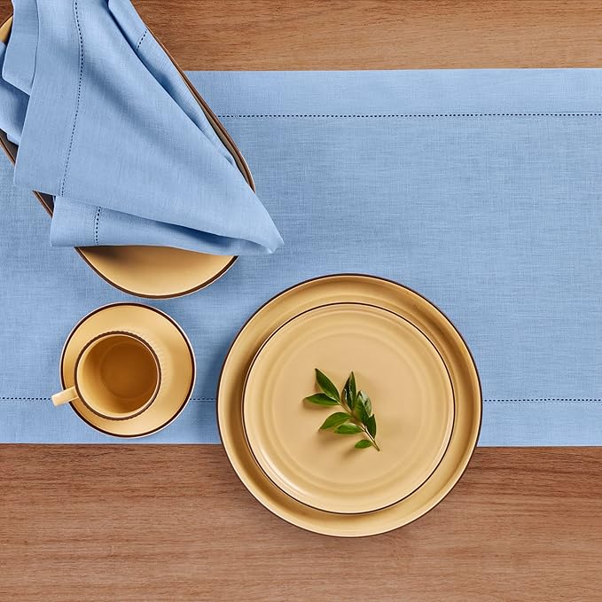 Solino Home Linen Cornflower Blue Hemstitch Table Runner 60 Inches - 100% Pure Linen Small Table Runner 14 x 60 Inch Ideal for Dresser and Coffee Tables - Classic Hemstitch, Summer