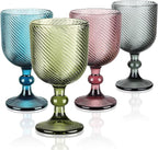 Joeyan Vintage Wine Glasses,Ribbed Embossed Water Goblet Drinking Glasses,Stemmed Colored Wine Glassware for Christmas Party Wedding Table Decor,12 oz,Set of 4, Dishwasher Safe