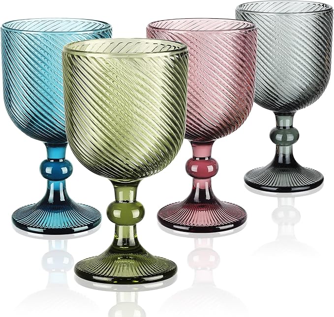 Joeyan Vintage Wine Glasses,Ribbed Embossed Water Goblet Drinking Glasses,Stemmed Colored Wine Glassware for Christmas Party Wedding Table Decor,12 oz,Set of 4, Dishwasher Safe