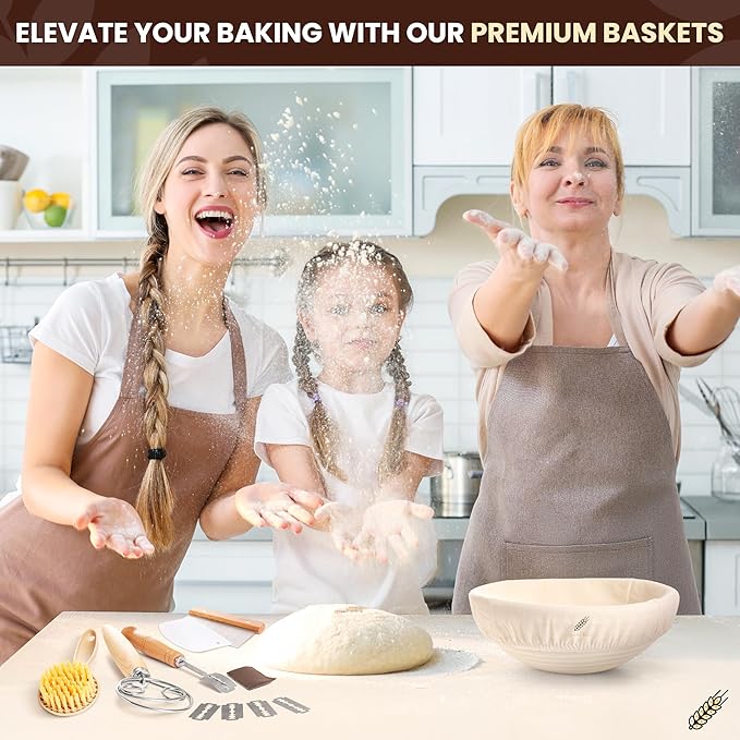 BAKERIA 9" Banneton Proofing Basket Kit (Round) – Sourdough Bread Making Set with Danish Whisk, Bread Lame + 5 Blades, 2 Scrapers, Brush, Linen Liner & Recipe Book – No Starter Culture