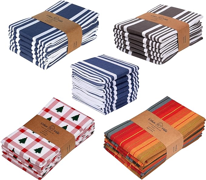 Urban Villa Dish Cloth 100% Cotton Pack of 8, Highly Absorbent Quick Drying Soft Premium Dish Towels for Kitchen with Hanging Loop Hand & Tea Towels - 12x12 Inch, (Indigo Blue & White, Striped)