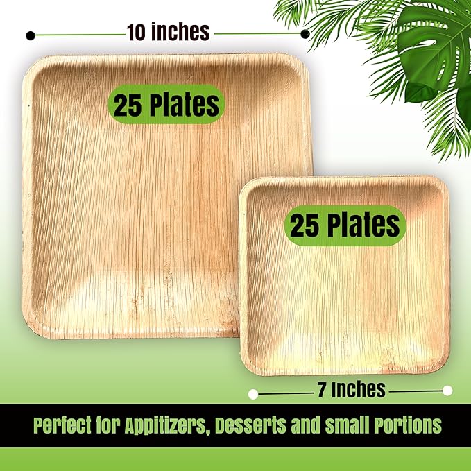 Palm Leaf Plates 10 Inch & 7 Inch (50-Pack), Square Bamboo Plates Disposable, Heavy Duty Compostable & Biodegradable Wooden Plates For Party, Catering Events, Weddings, & Dinnerware