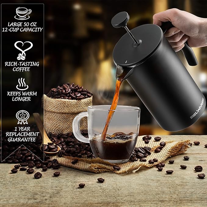 Belwares French Press Coffee Maker 50 OZ - Large Insulated Stainless Steel 304 Coffee Press with Double Wall & 4-Level Filtration System (Black - 1.5L)
