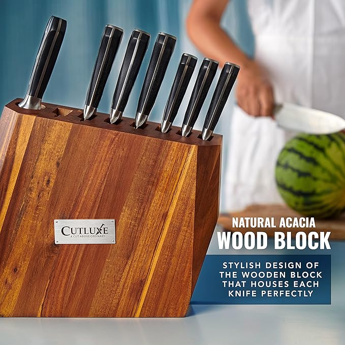 Cutluxe Kitchen Knife Set – 8 Pcs Professional Chef Knife Set with Block – Razor Sharp Knives with Full Tang Design, High Carbon German Steel, Natural Acacia Wood Block – Artisan Series
