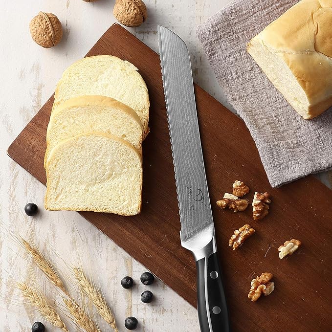 Damascus Kitchen Knife, 8 Inch Serrated Bread Knife Professional Kitchen Knife Forged with VG10 Super Steel 67-Layer, Non-slip ABS Ergonomic Triple Rivet Handle, Razor Sharp Lightweight Multipurpose