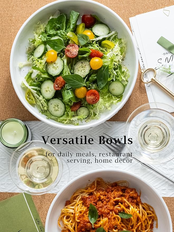 YHOSSEUN 9.75" Pasta Bowls Set of 4, 50 OZ Large Salad Serving Bowls, Ceramic Pasta Plate Bowls, White Soup Bowl, Microwavable Dinner Bowls for Kitchen, Embossed Sunflower