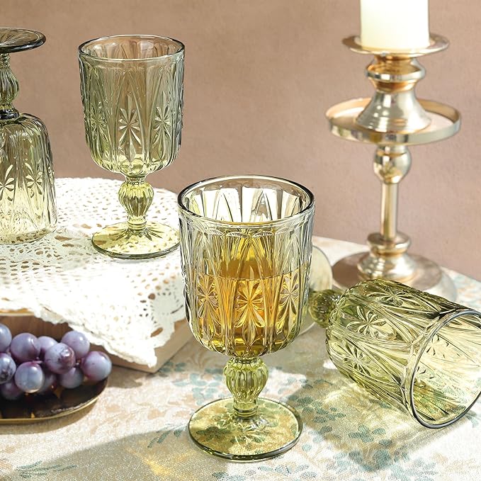 Joeyan Green Vintage Glass Wine Goblet,10 oz Embossed Stemmed Wine Glasses with Floral Design,Colored Drinking Glasses for Christmas Party Wedding Table Decor,Set of 4,Dishwasher Safe