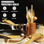 Wooden Spoons for Cooking Utensils, Natural Teak Wooden Cooking Spoons with Nonstick Spatula Set, Bamboo Kitchen Utensils With Holder, Wood Spoon Set for Kitchen Essentials (12)