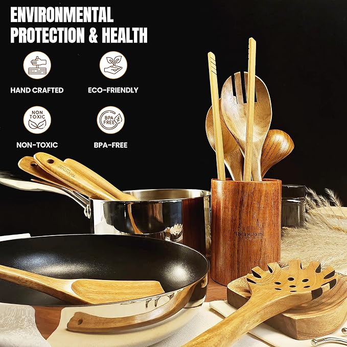Wooden Spoons for Cooking Utensils, Natural Teak Wooden Cooking Spoons with Nonstick Spatula Set, Bamboo Kitchen Utensils With Holder, Wood Spoon Set for Kitchen Essentials (12)