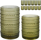 Vintage Hobnail Drinking Glasses Set of 12, 15 oz Highball Glasses & 12 oz Cocktail Glasses Set, Green Kitchen Water Glasses Cup, Bar Tumbler Glassware Set for Beer, Juice, Whiskey, Milk