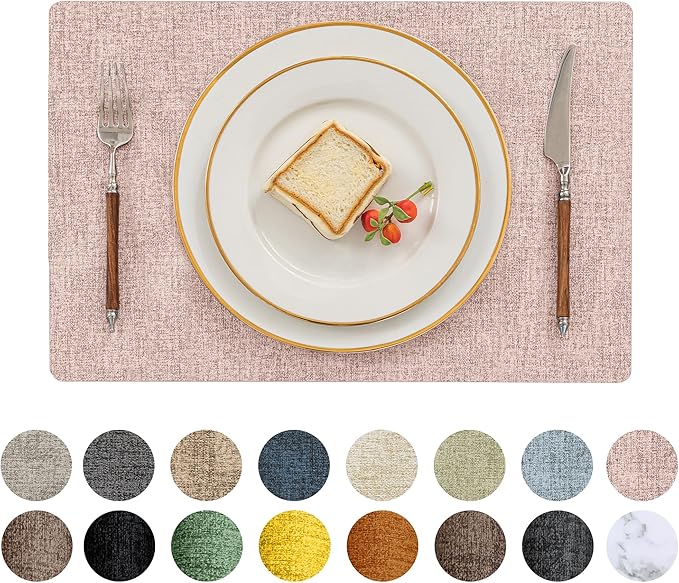 Romanstile Vinyl Placemats Set of 8-12 X 18 Inch - Heat Resistant Place Mats 100% Waterproof Oilproof Wipeable Reversible Faux Leather Table Mats for Kitchen/Dining/Party/Outdoor, Pink