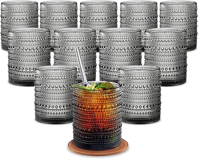 12 OZ Hobnail Drinking Set of 12 – Vintage Embossed Glassware, Textured Tumblers for Water, Beer, Cocktails, Mocktails, Whiskey & More – Includes Straws and Coasters – Smokey Gray