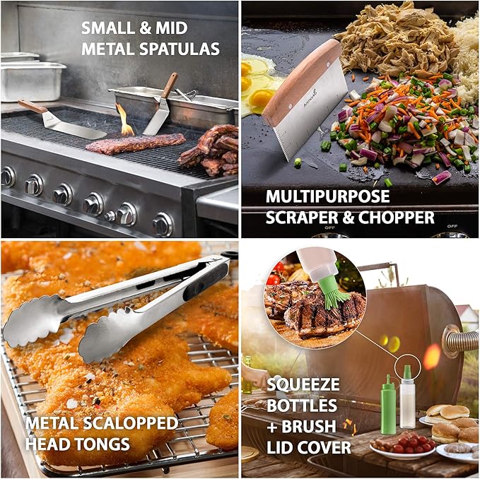 Metal Spatula Set Stainless Steel and Scraper - Professional Chef Griddle Spatulas Set of 6 - Heavy Duty Accessories Great for Cast Iron BBQ Flat Top Grill Skillet Pan