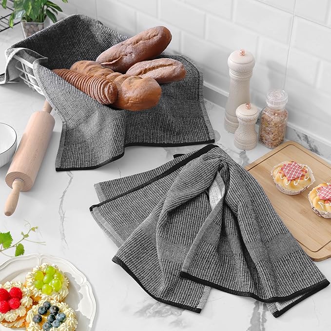 Homaxy Premium Kitchen Towels(18”x 28”, 6 Pack), Large Cotton Kitchen Hand Towels, Flat and Terry Dish Towels, 380 GSM Highly Absorbent Tea Towel Set with Hanging Loop, Black