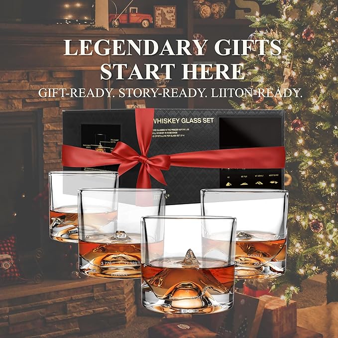 LIITON The Peaks Heavy Crystal Whiskey Glasses Gift Set of 4, Thick Freezable Bourbon Glass 1lb Each, Premium Whiskey Gifts for Men, Frozen Crystal Chills Cocktails, 10 oz