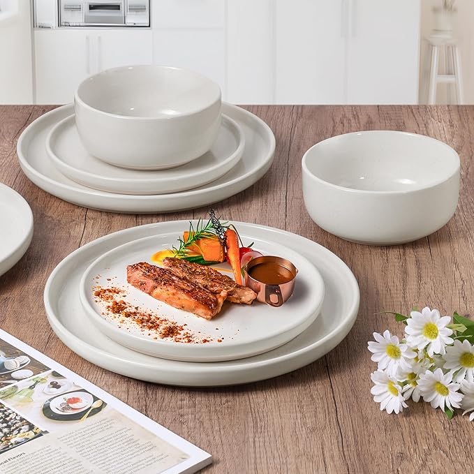 HaWare Stoneware Dinnerware Sets, 6-Piece Plates and Bowls Set for 2, Dishes Set for Home Restaurant, Speckled Milky White