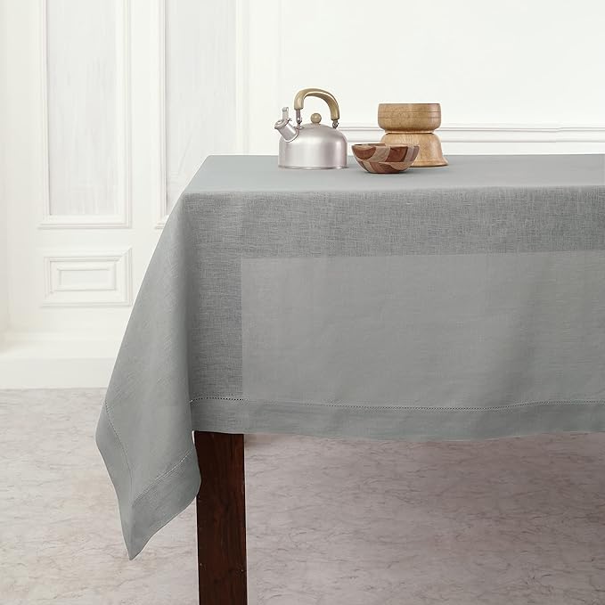 Solino Home Linen Tablecloth 60 x 108 Inch - Classic Hemstitch 100% Pure Linen Soft Grey Table Cloth for Rectangle Tables - Machine Washable Tablecloth for Summer, Fall, Autumn